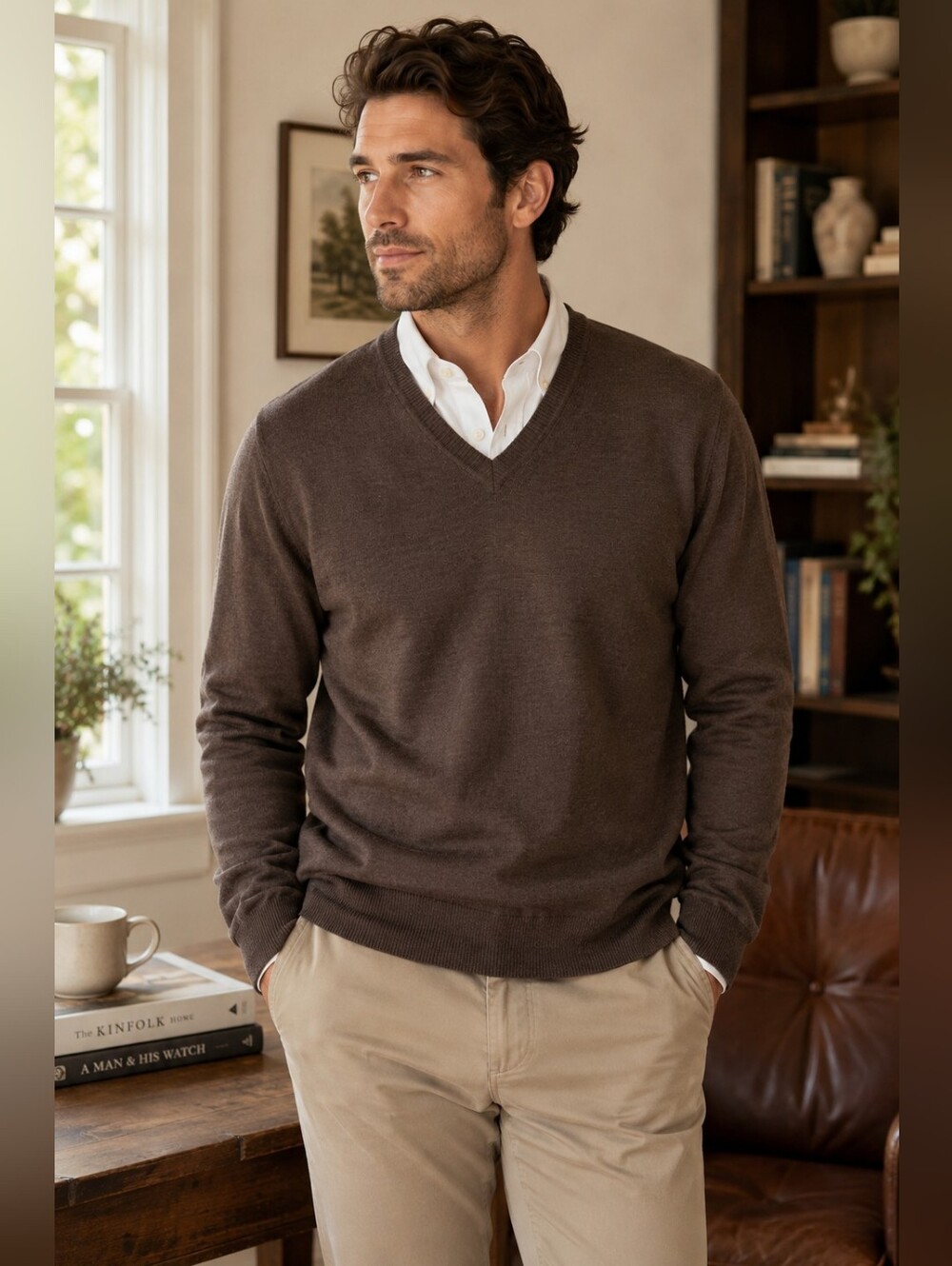 Grant Thomas Italian Merino Wool V-Neck Sweater Brown Mens Medium Made in Italy